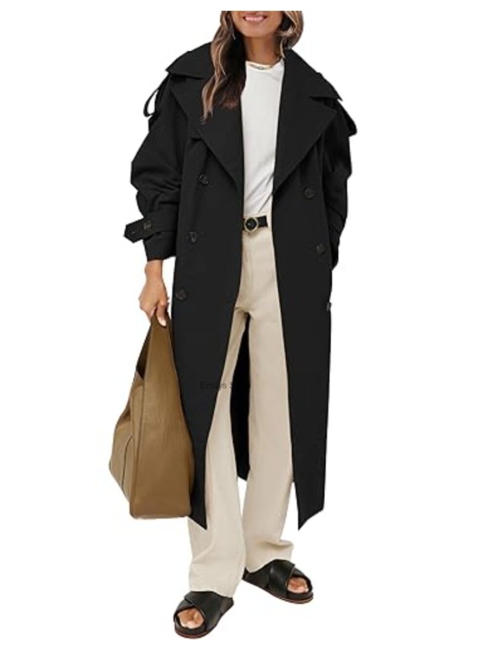 Womens Oversized Long Trench Coat Double Breasted Lapel Windproof Belted